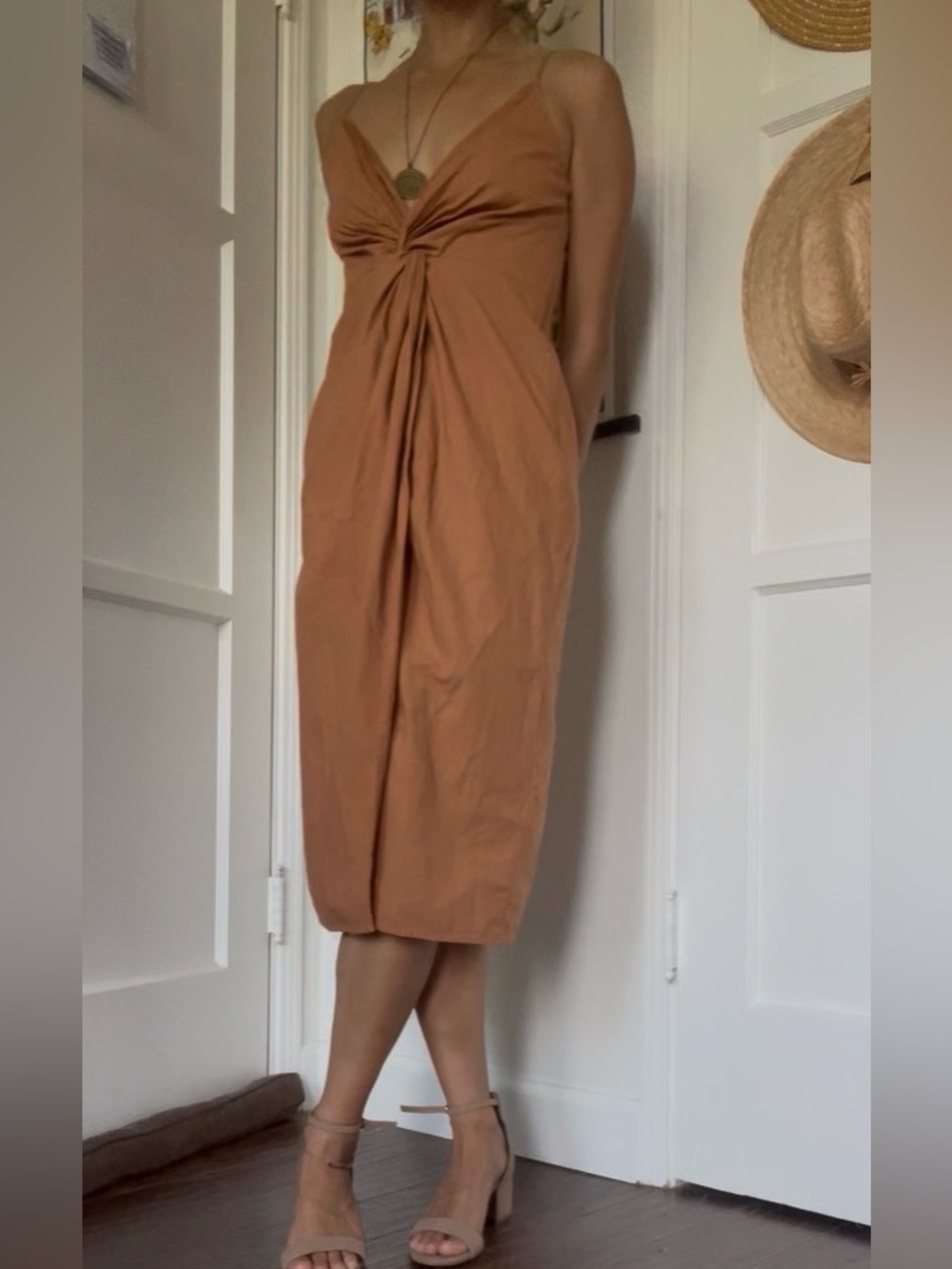 Camel Twist-Front Midi Dress